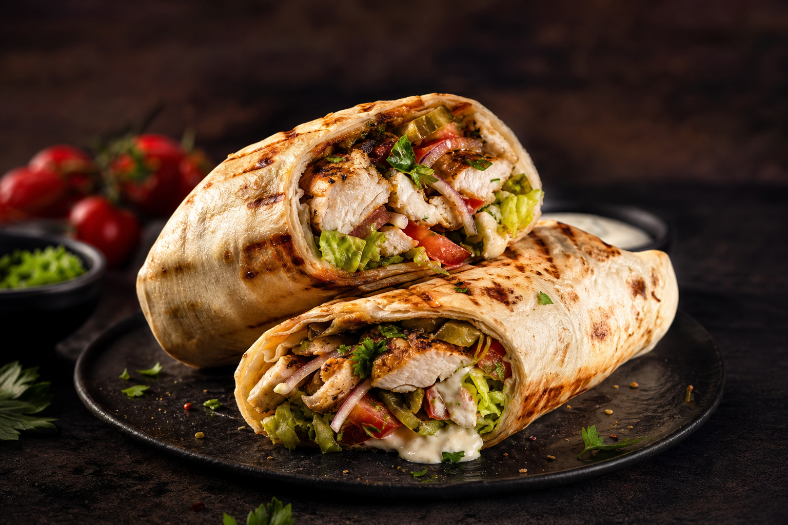 Rectangular lavash wrap with fresh fillings